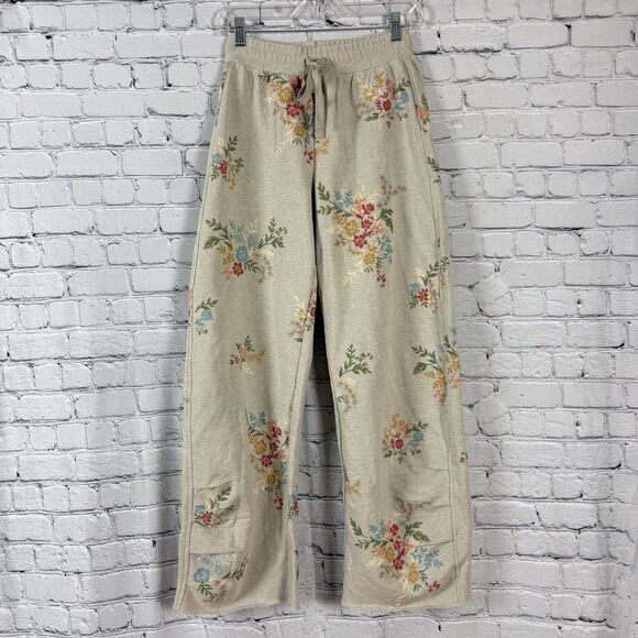 Driftwood Jeans French Terry Floral Embroidered Gathered Pants Tan Boho M - Picture 2 of 14